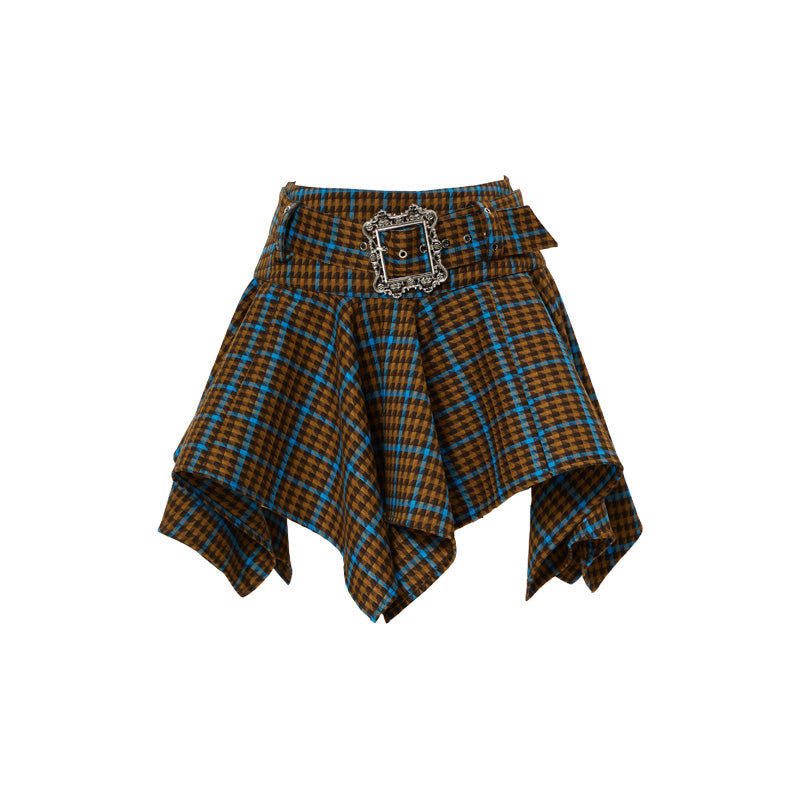 YOSHUYUKI Vintage Punk Plaid Drop Waist Asymmetrical Skirt