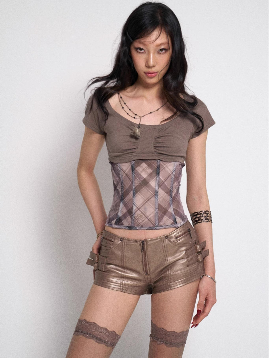 Flowers birds Market Check Print Mesh Patchwork Knitted Waist T-Shirt