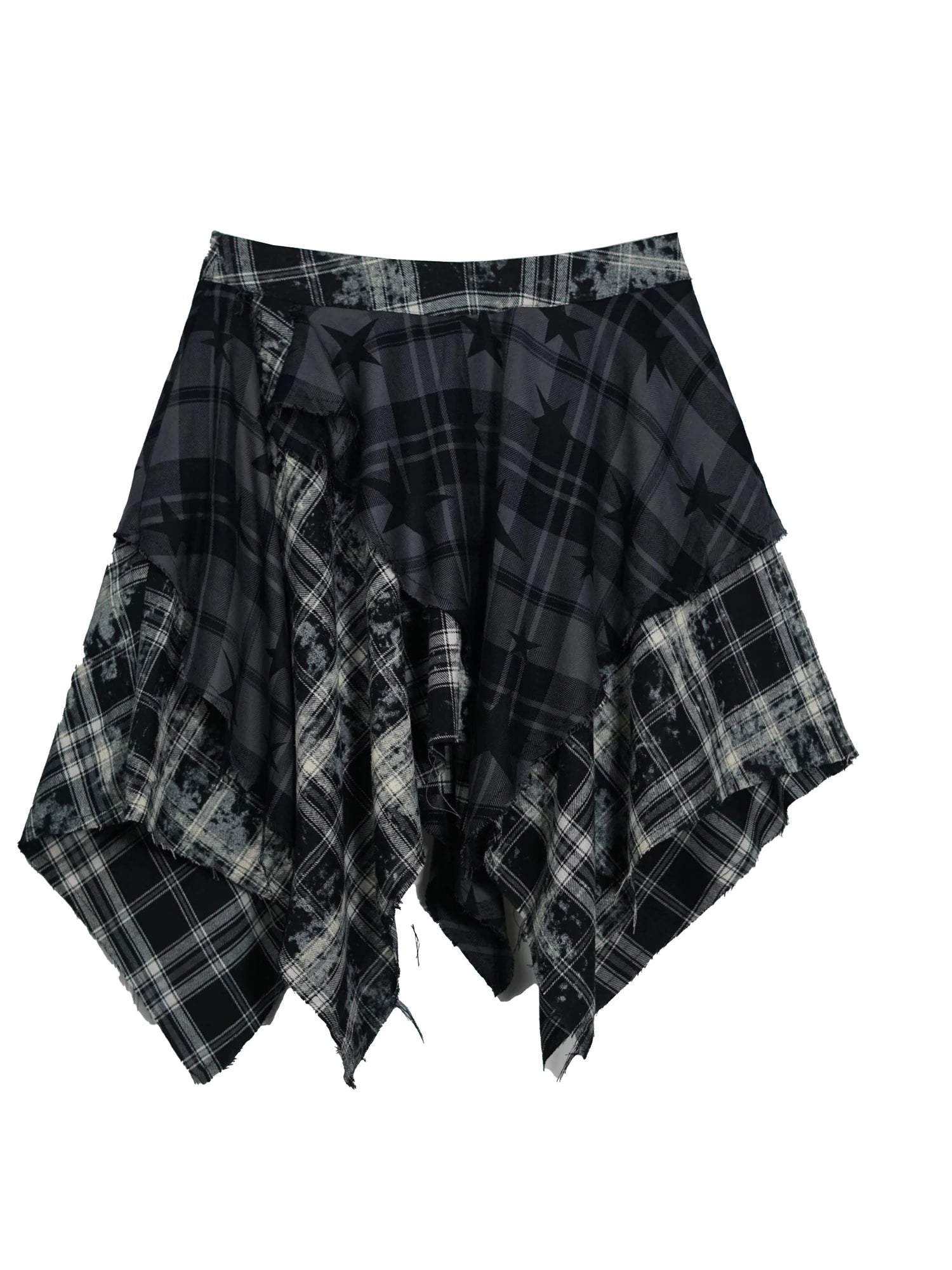 Yanyu Escape Star Frayed Grid Asymmetrical Skirt