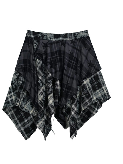 Yanyu Escape Star Frayed Grid Asymmetrical Skirt