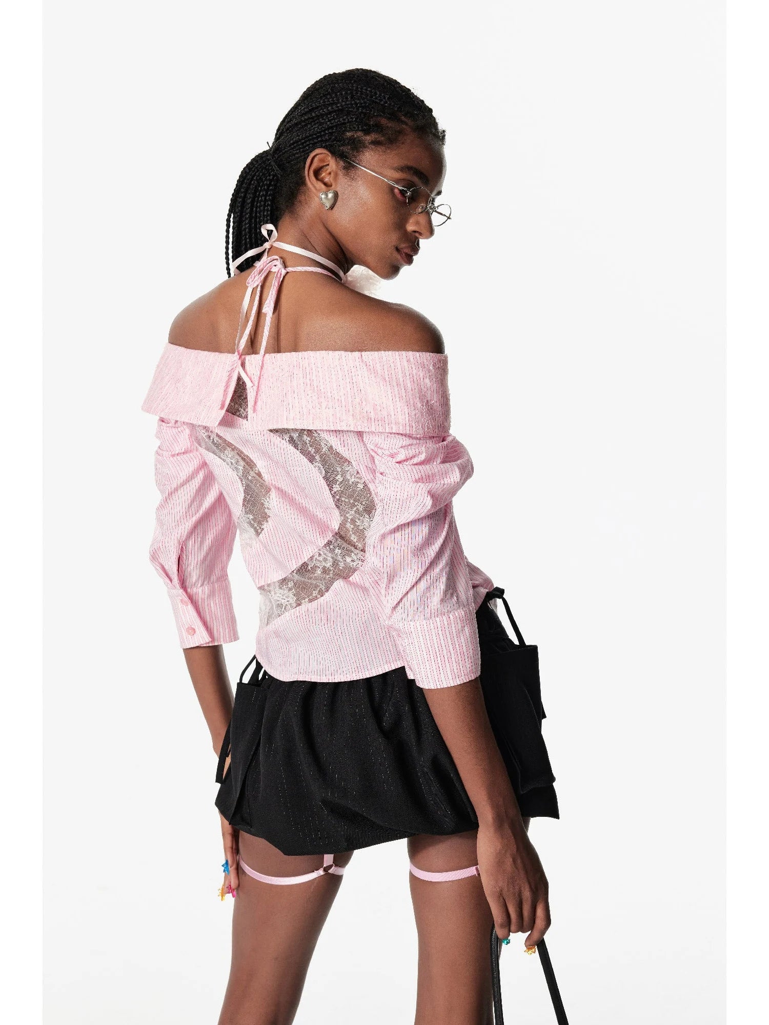 Off Shoulder Lace Trim Fitted Blouse With C Cut Back