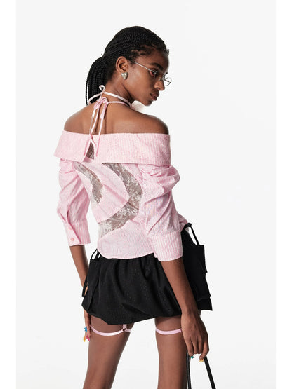 Off Shoulder Lace Trim Fitted Blouse With C Cut Back