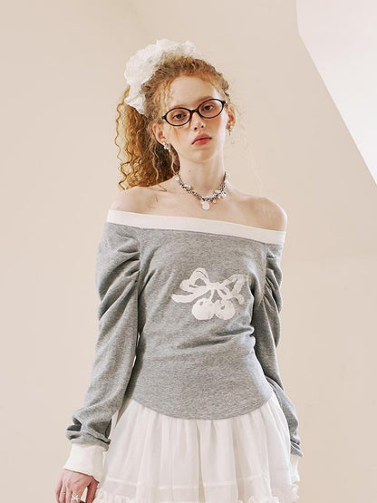 DIDDI MODA Cherry Bow Pleated Off Shoulder Sweatshirt