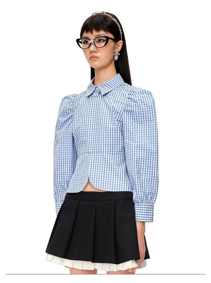 Chic Checkered Shirt with Slit &amp; Puff Sleeves