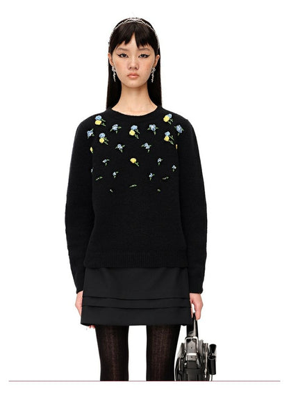 Chic Embroidered Long-Sleeve Knit Sweater