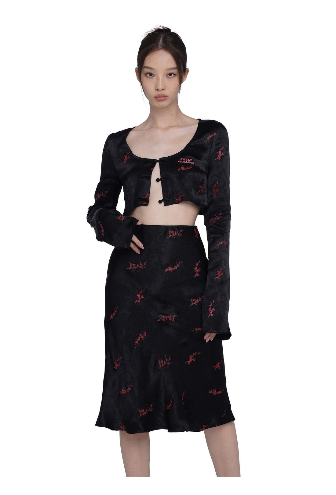 Chinese Floral Print Button Up Blouse Mermaid Skirt Set