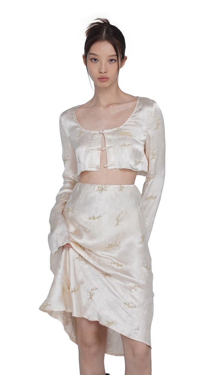 Chinese Floral Print Button Up Blouse Mermaid Skirt Set