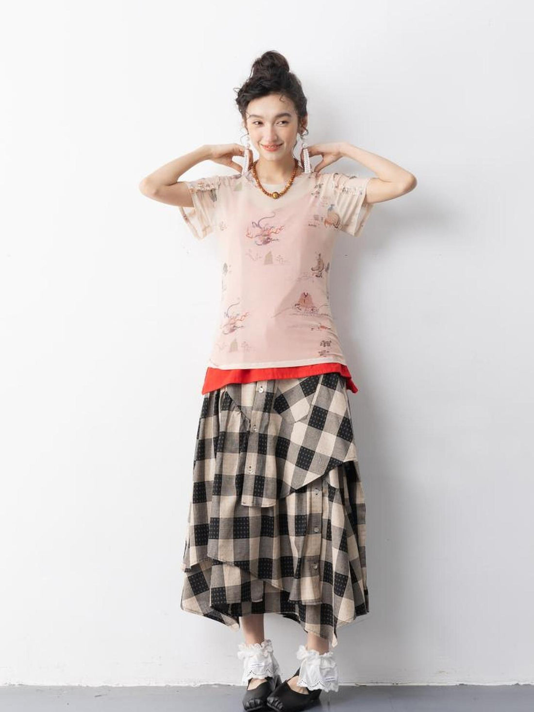 Sweet Mi Chinese Style Lace Mesh Tee Free Size Soft Ethnic Print