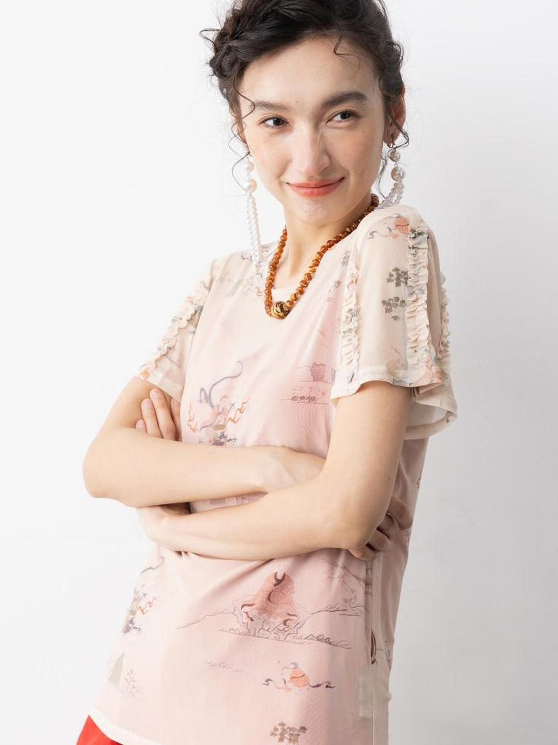 Sweet Mi Chinese Style Lace Mesh Tee Free Size Soft Ethnic Print