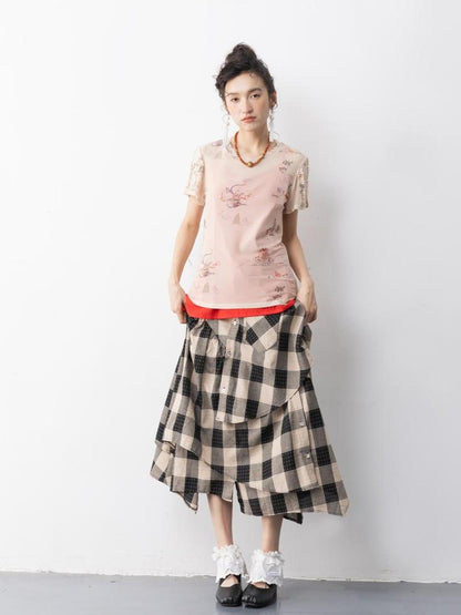 Sweet Mi Chinese Style Lace Mesh Tee Free Size Soft Ethnic Print