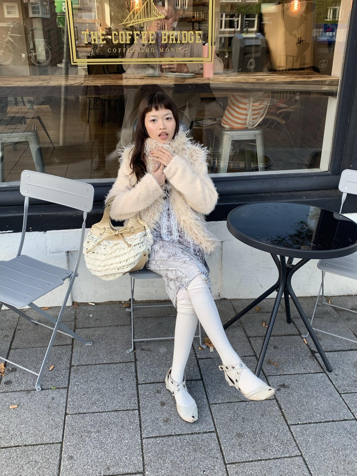 Chipchipshop Beige Cropped Vertical Fur Panels Knit Sleeves High Neck Women&