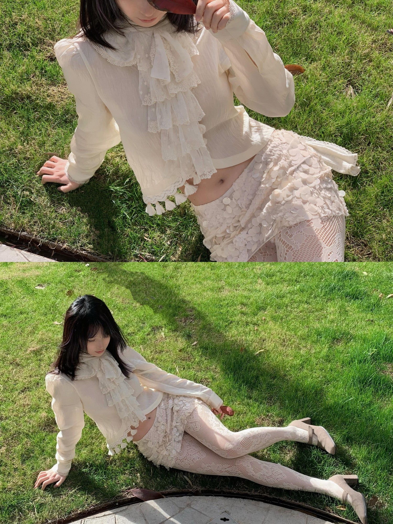Chipchipshop Beige Doll Collar Lace Tassel Trim Asymmetric Women&