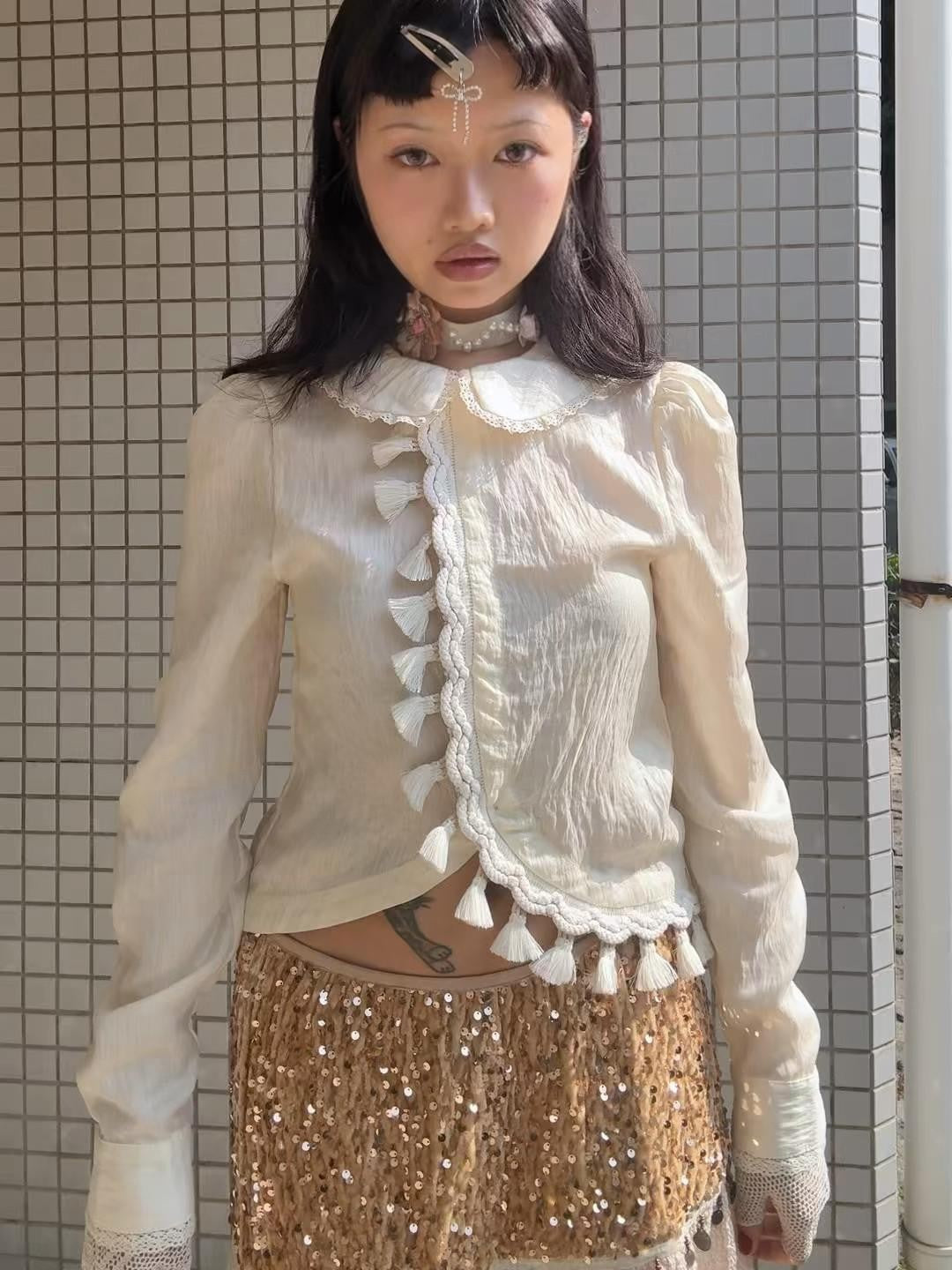 Chipchipshop Beige Doll Collar Lace Tassel Trim Asymmetric Women&