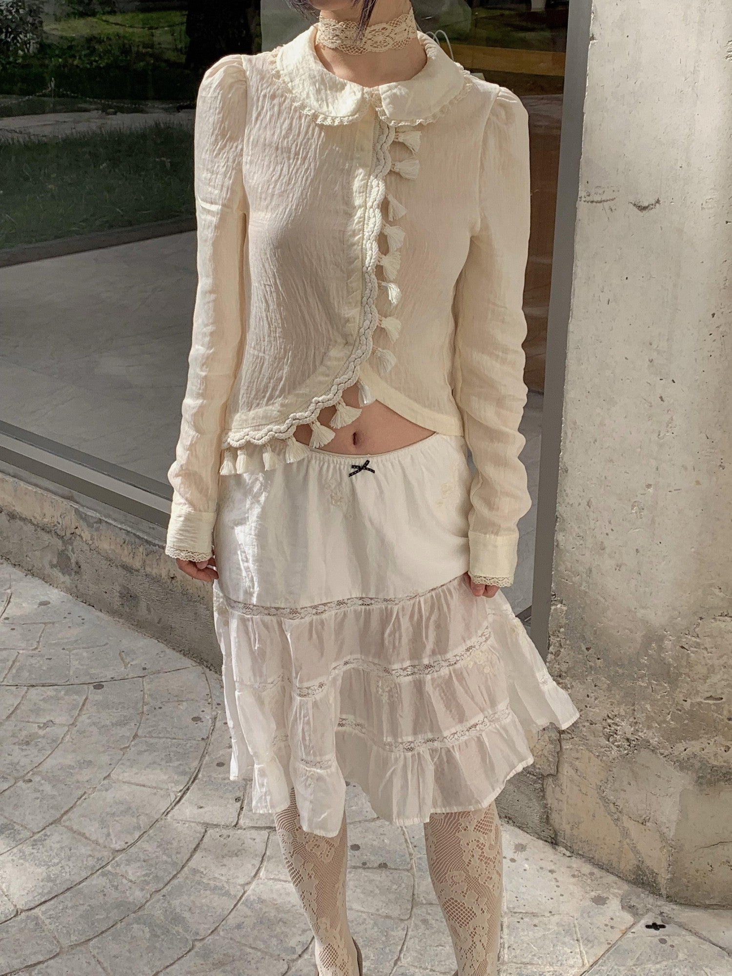 Chipchipshop Beige Doll Collar Lace Tassel Trim Asymmetric Women&