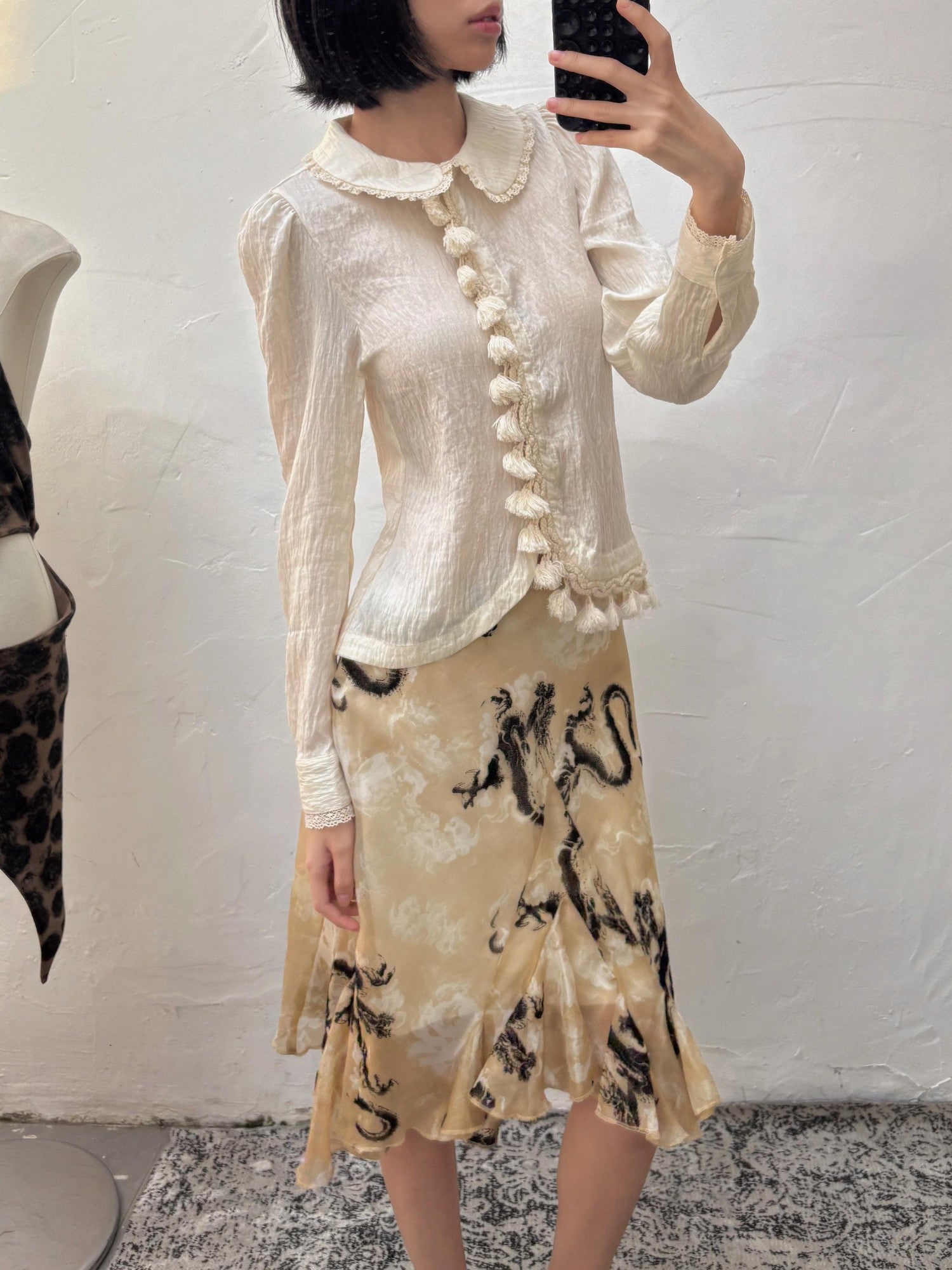 Chipchipshop Beige Doll Collar Lace Tassel Trim Asymmetric Women&