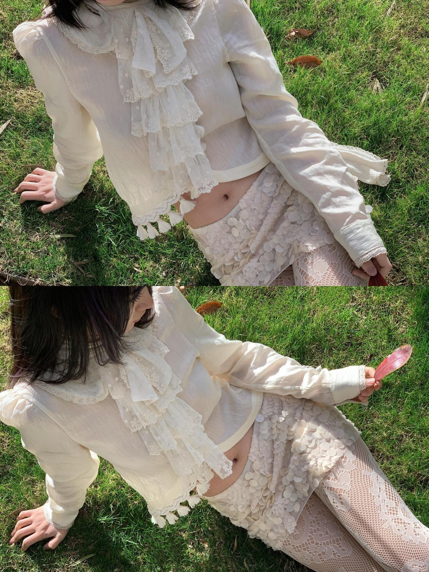 Chipchipshop Beige Doll Collar Lace Tassel Trim Asymmetric Women&