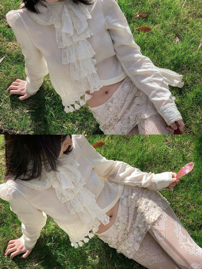 Chipchipshop Beige Doll Collar Lace Tassel Trim Asymmetric Women&