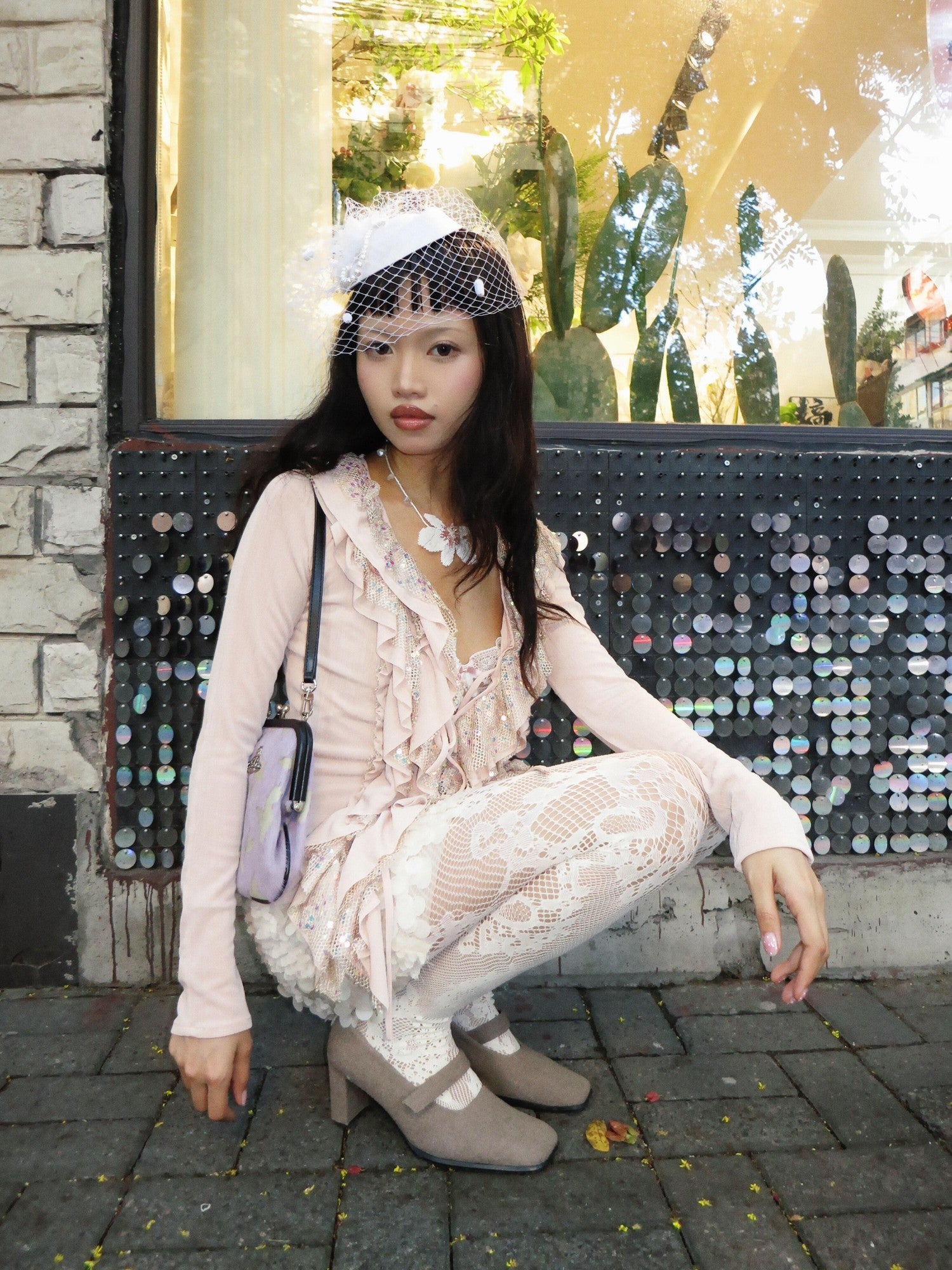 Chipchipshop Beige Light Gray Jacquard Lace Fishnet Pantyhose Women&