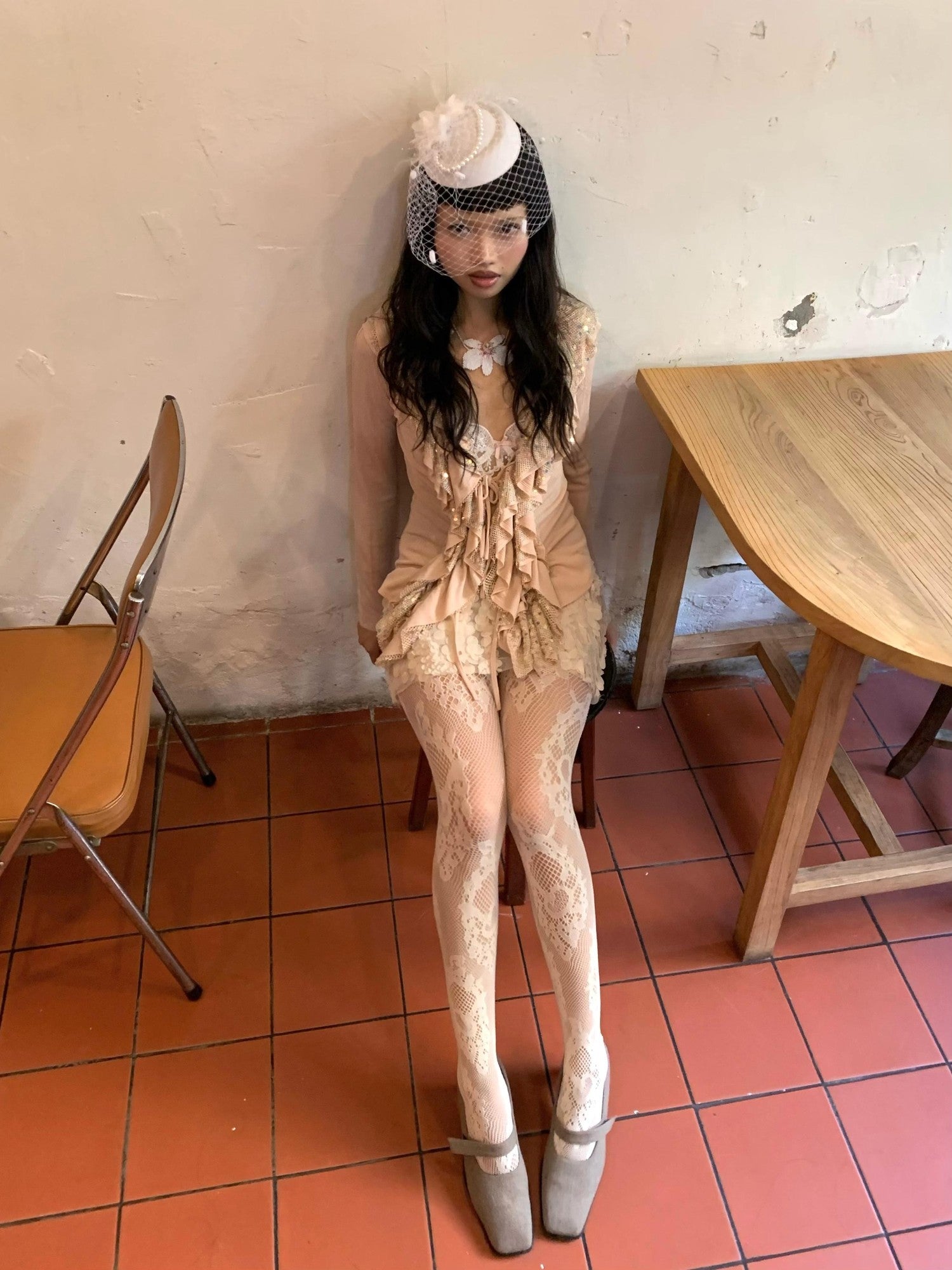 Chipchipshop Beige Light Gray Jacquard Lace Fishnet Pantyhose Women&