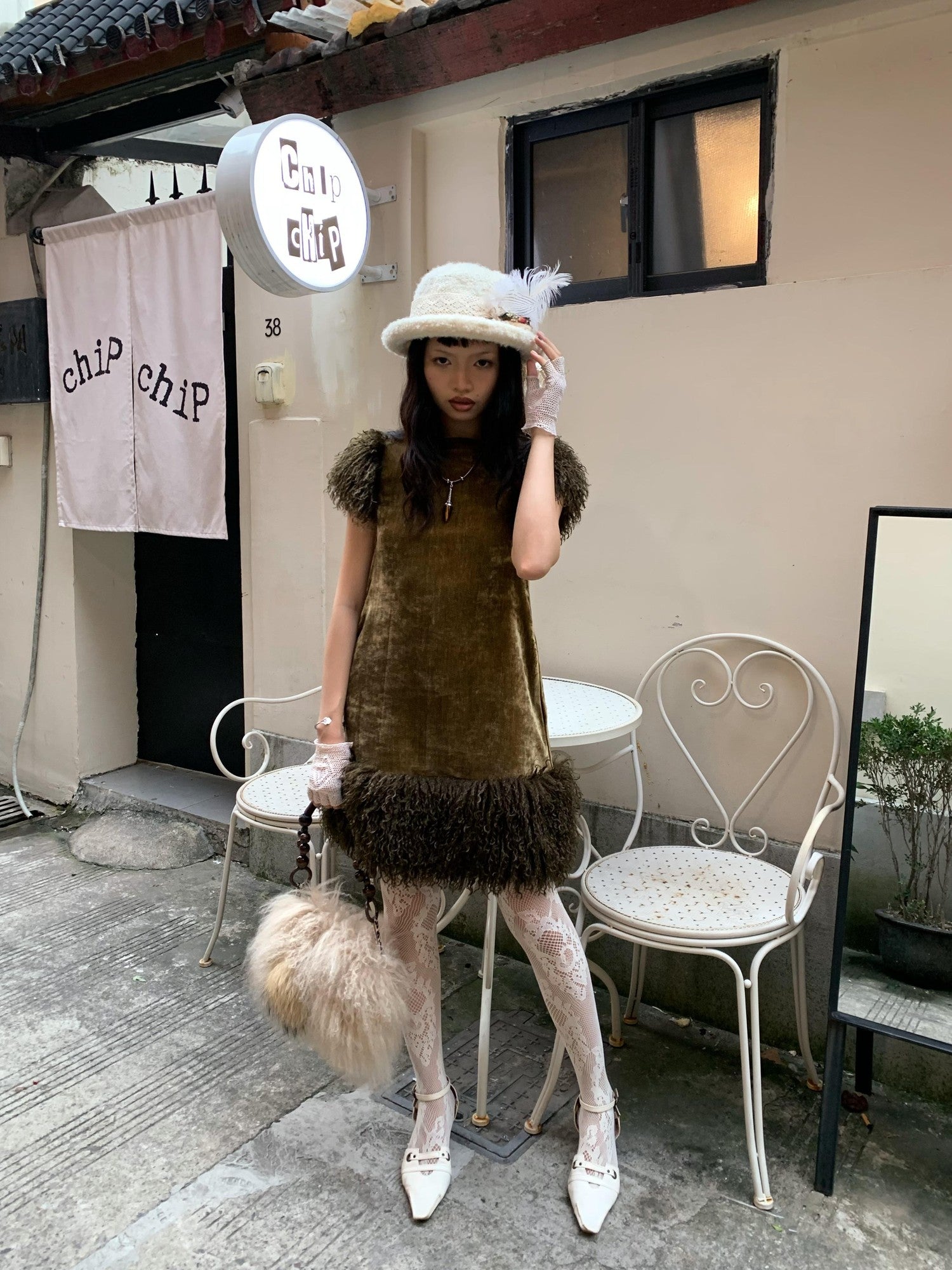 Chipchipshop Beige Light Gray Jacquard Lace Fishnet Pantyhose Women&