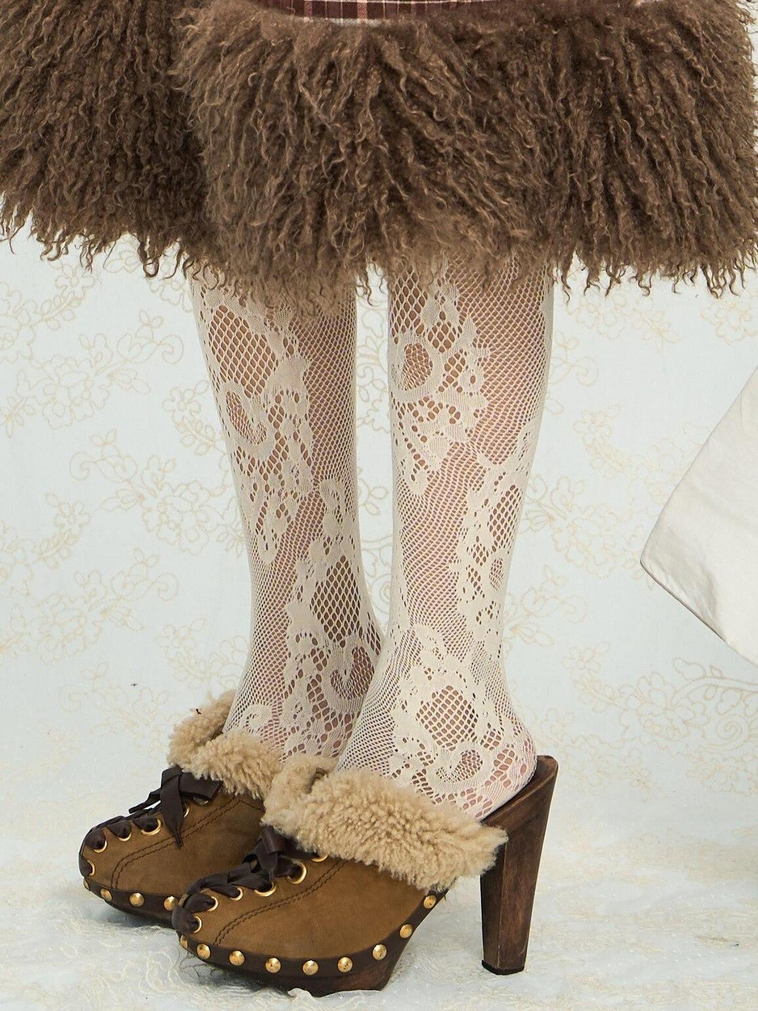 Chipchipshop Beige Light Gray Jacquard Lace Fishnet Pantyhose Women&