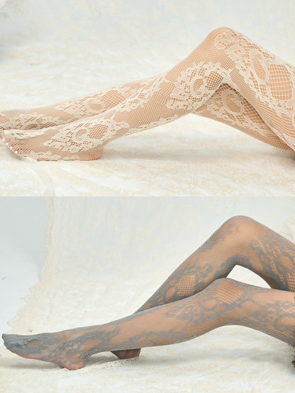 Chipchipshop Beige Light Gray Jacquard Lace Fishnet Pantyhose Women&