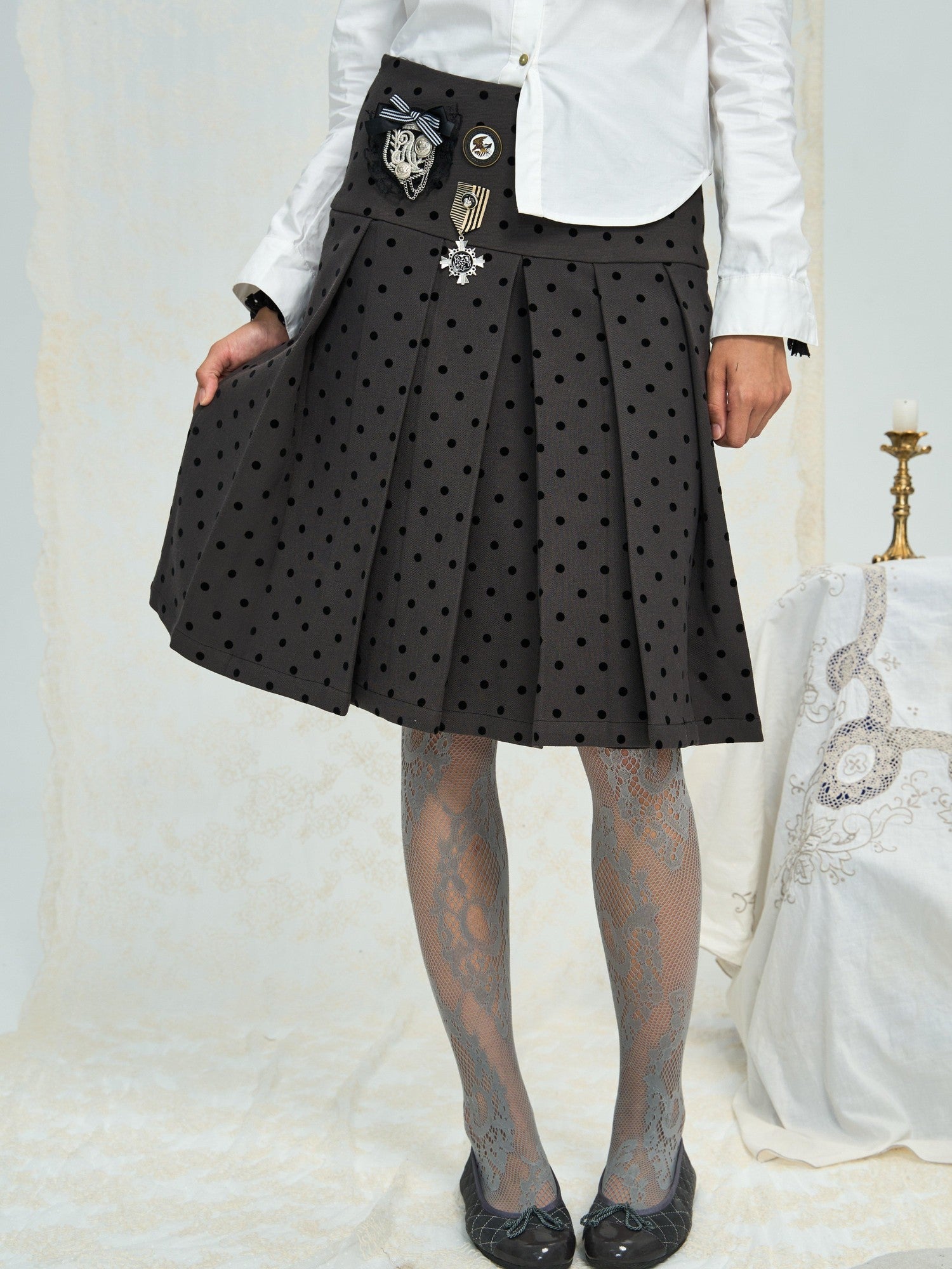 Chipchipshop Beige Light Gray Jacquard Lace Fishnet Pantyhose Women&