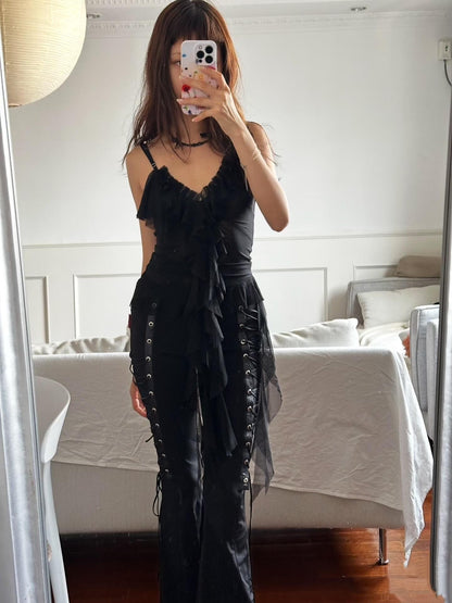 Chipchipshop Black Airy Sheer Lotus Ruffle Hem Flowing Women&