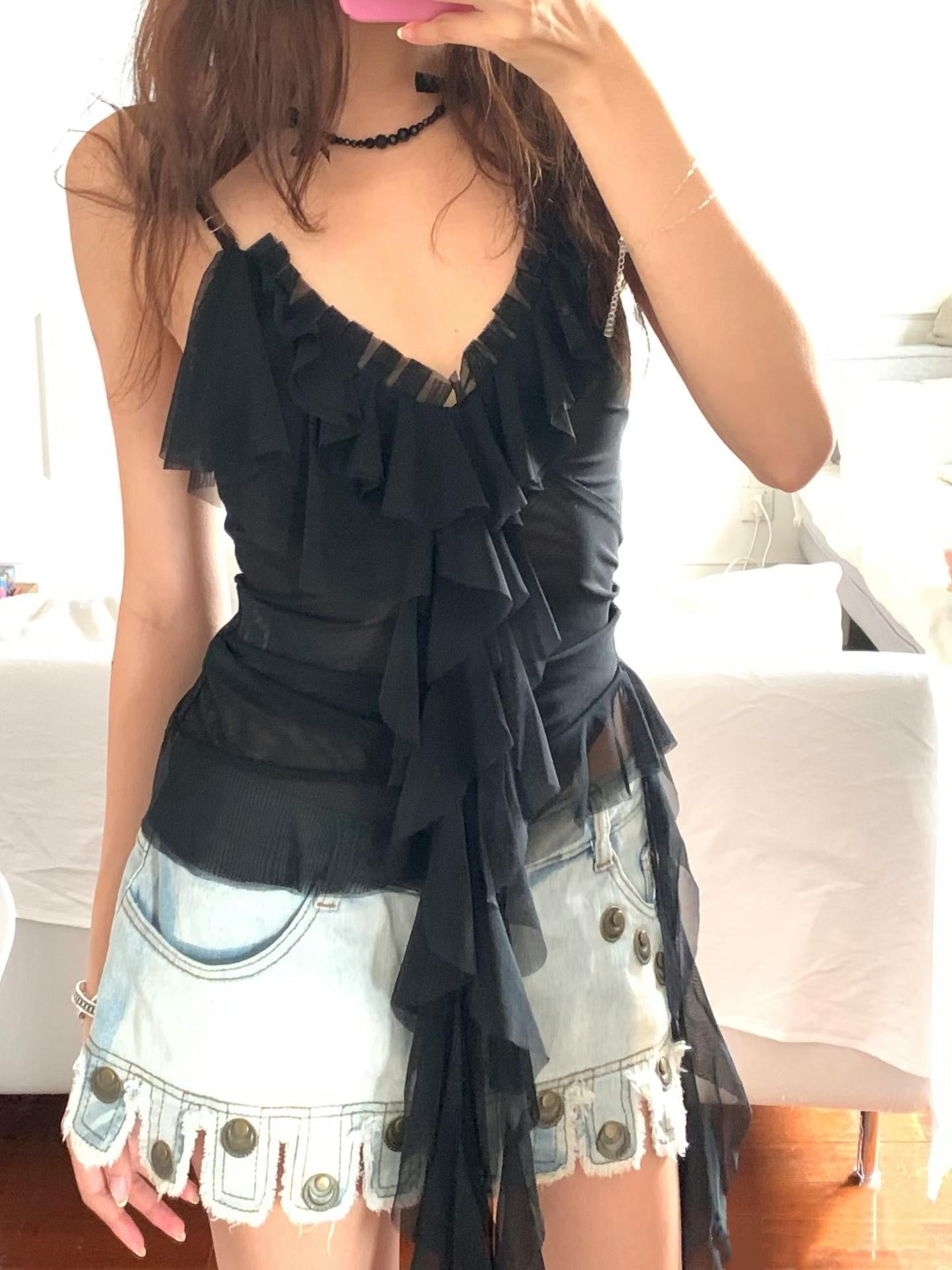 Chipchipshop Black Airy Sheer Lotus Ruffle Hem Flowing Women&