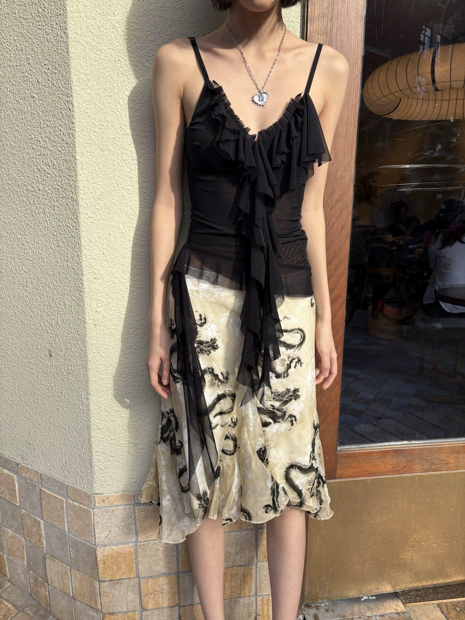 Chipchipshop Black Airy Sheer Lotus Ruffle Hem Flowing Women&
