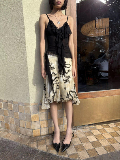 Chipchipshop Black Airy Sheer Lotus Ruffle Hem Flowing Women&