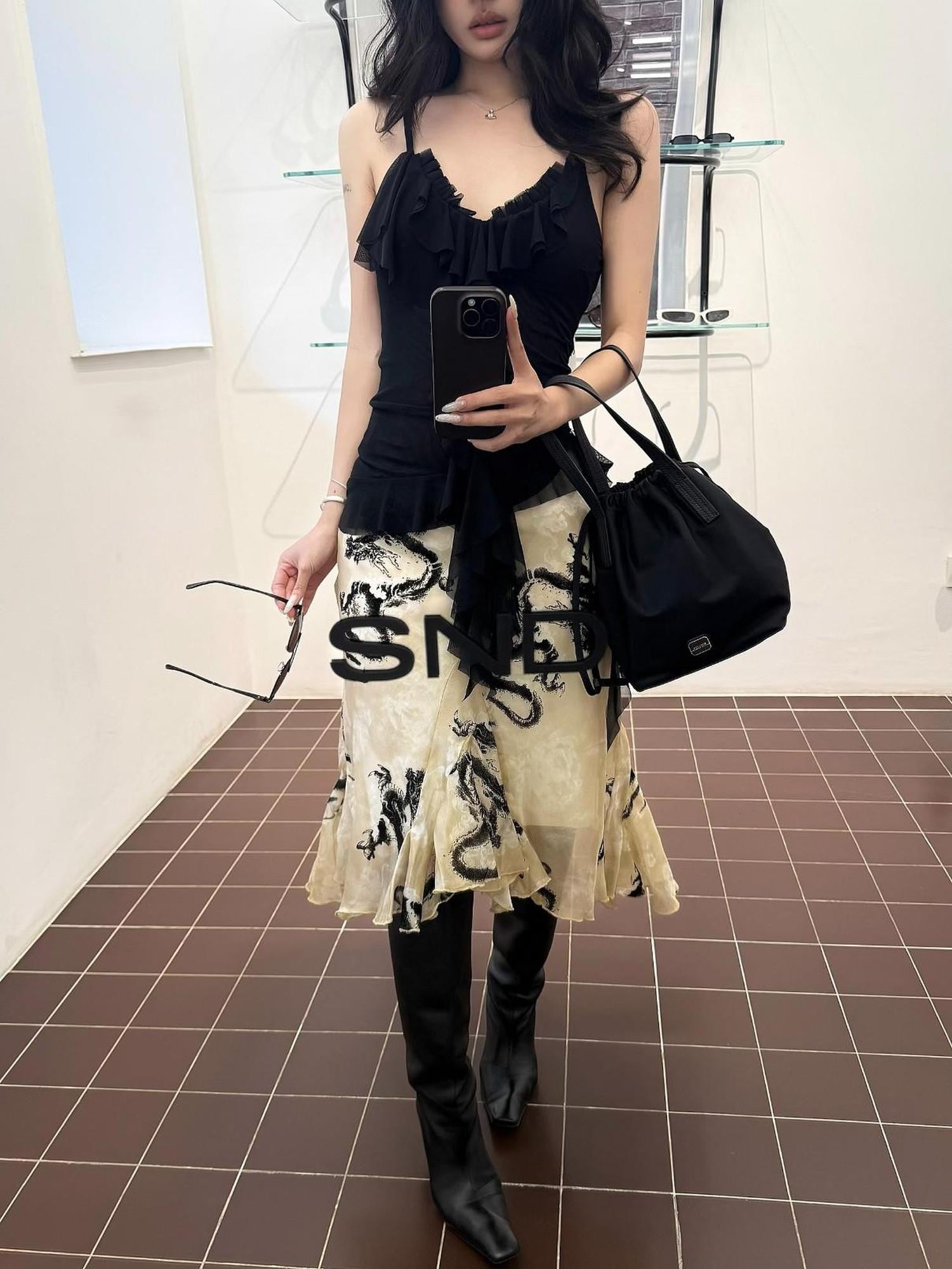 Chipchipshop Black Airy Sheer Lotus Ruffle Hem Flowing Women&