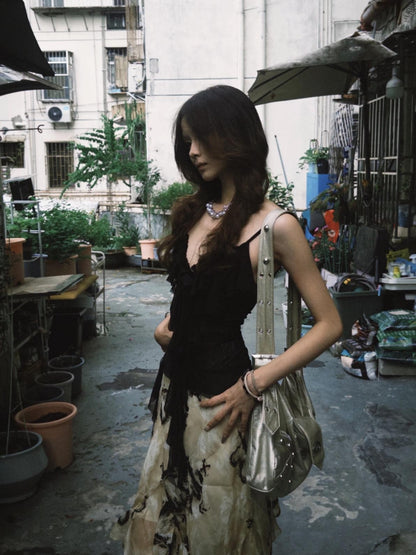 Chipchipshop Black Airy Sheer Lotus Ruffle Hem Flowing Women&