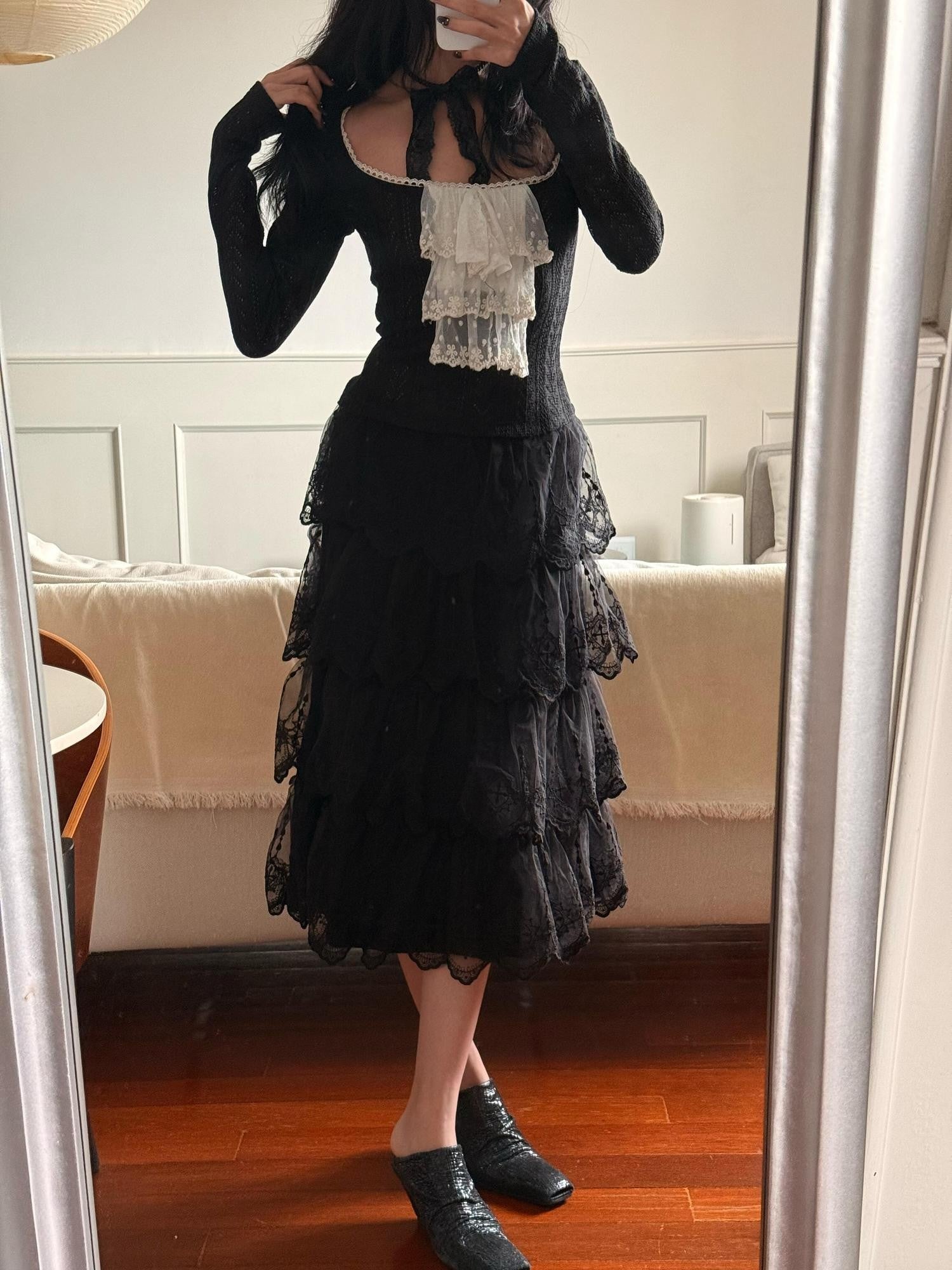 Chipchipshop Black And White Lace Embroidered A Line Low Waist Women&