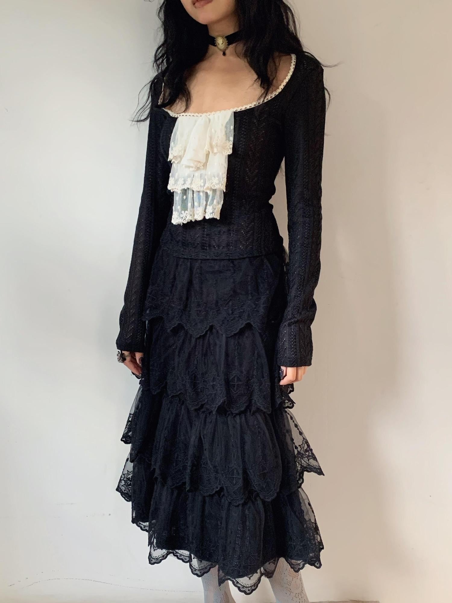 Chipchipshop Black And White Lace Embroidered A Line Low Waist Women&