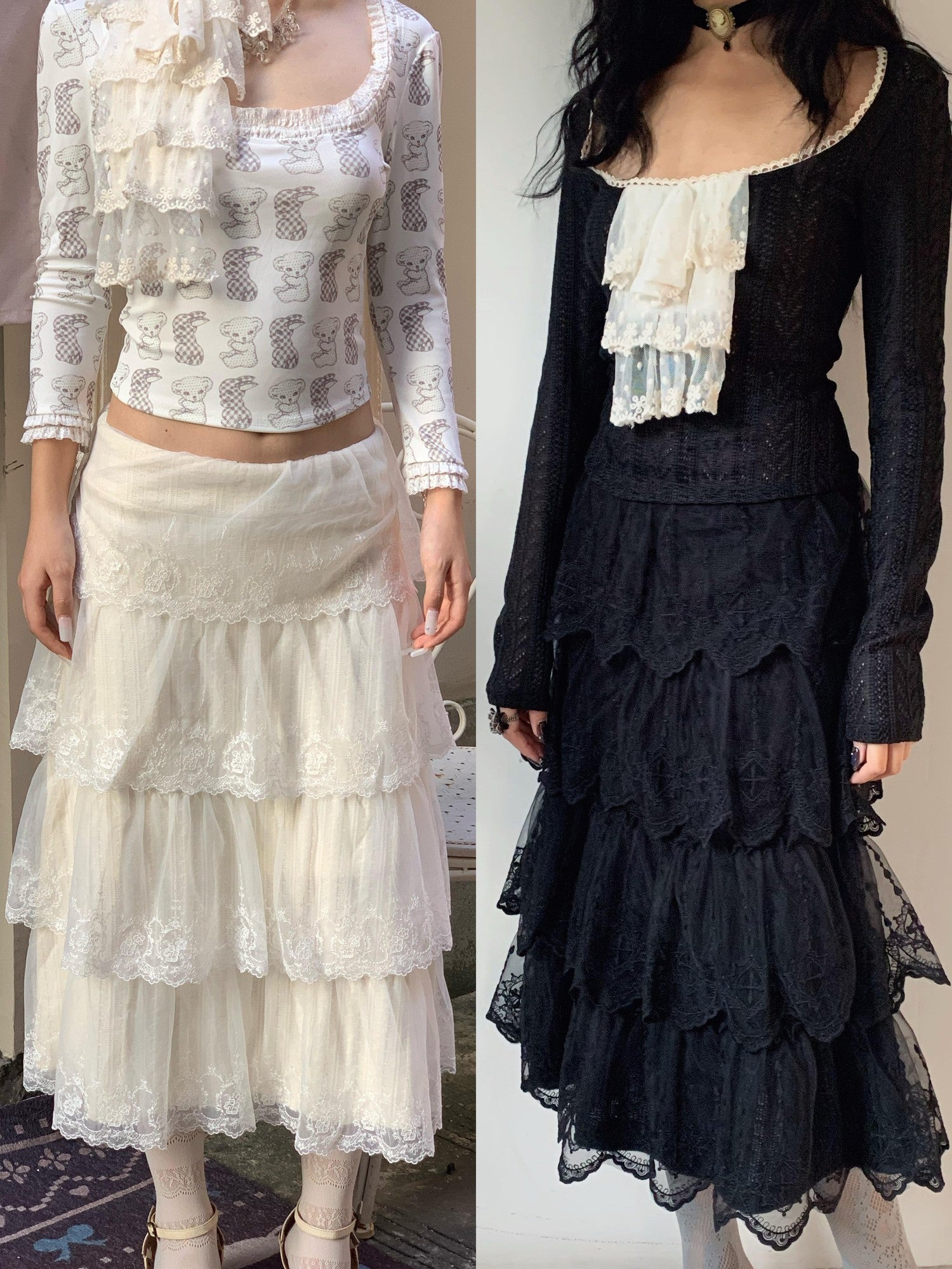 Chipchipshop Black And White Lace Embroidered A Line Low Waist Women&