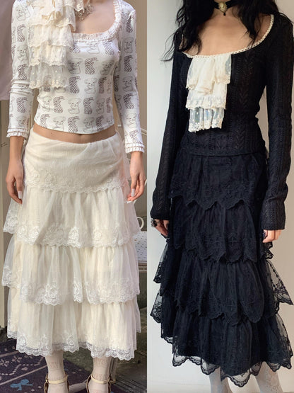 Chipchipshop Black And White Lace Embroidered A Line Low Waist Women&