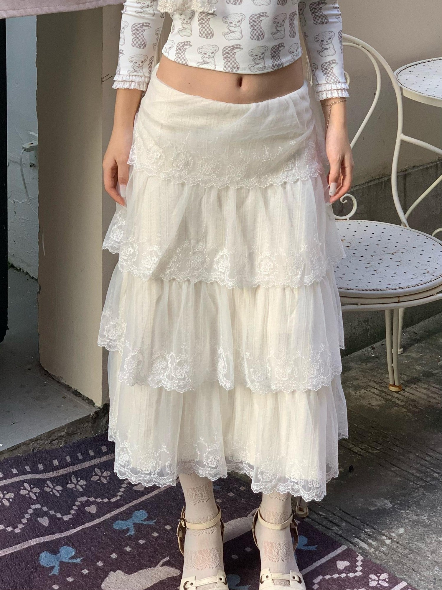 Chipchipshop Black And White Lace Embroidered A Line Low Waist Women&