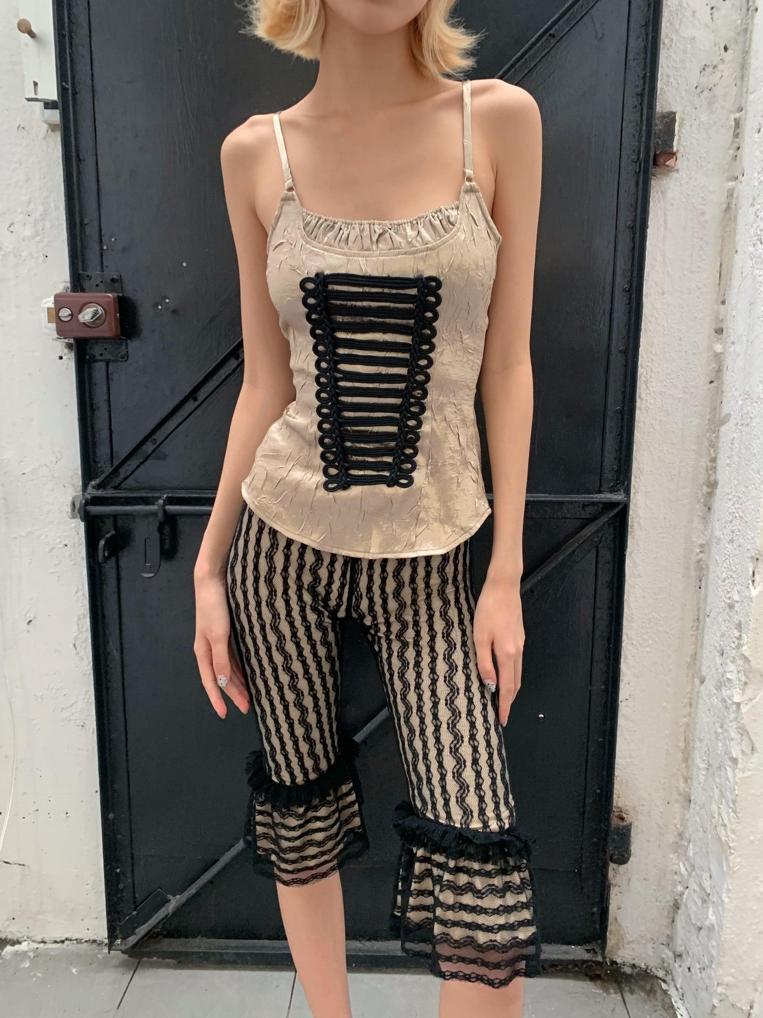 Chipchipshop Black Lace Vintage Striped Opaque Stretch Butt Lifting Women&