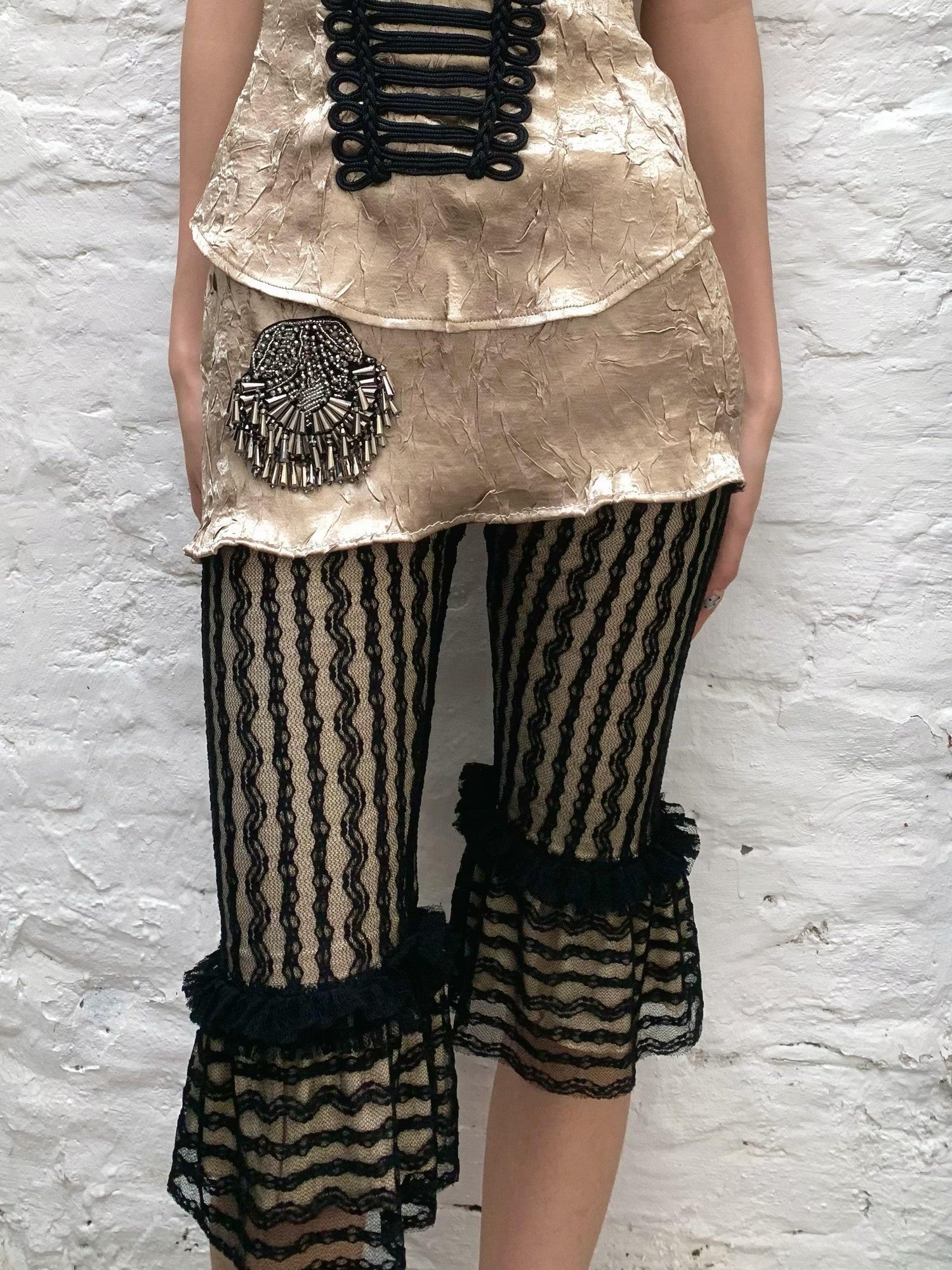 Chipchipshop Black Lace Vintage Striped Opaque Stretch Butt Lifting Women&
