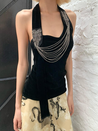 Chipchipshop Black Silver Waterfall Velvet Mesh Women&