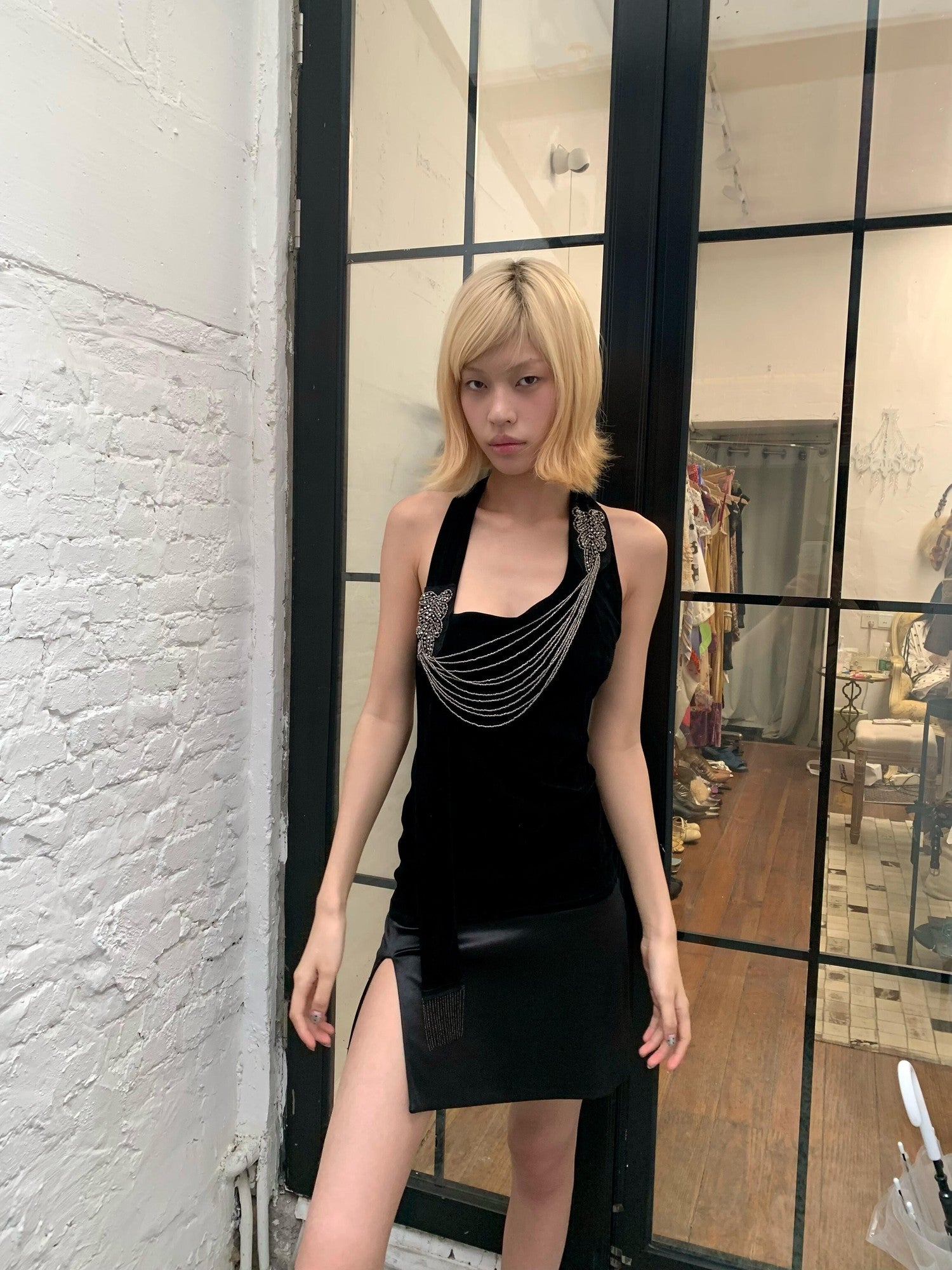 Chipchipshop Black Silver Waterfall Velvet Mesh Women&