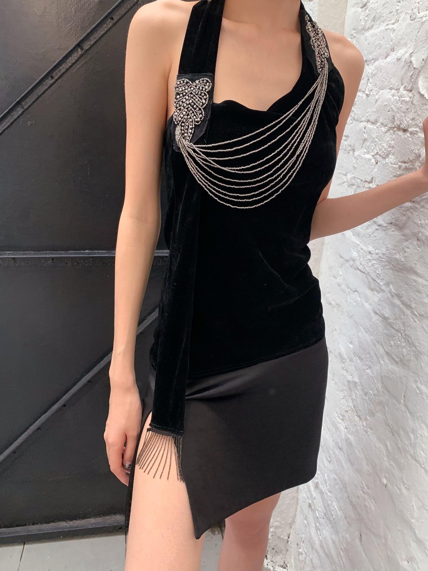 Chipchipshop Black Silver Waterfall Velvet Mesh Women&