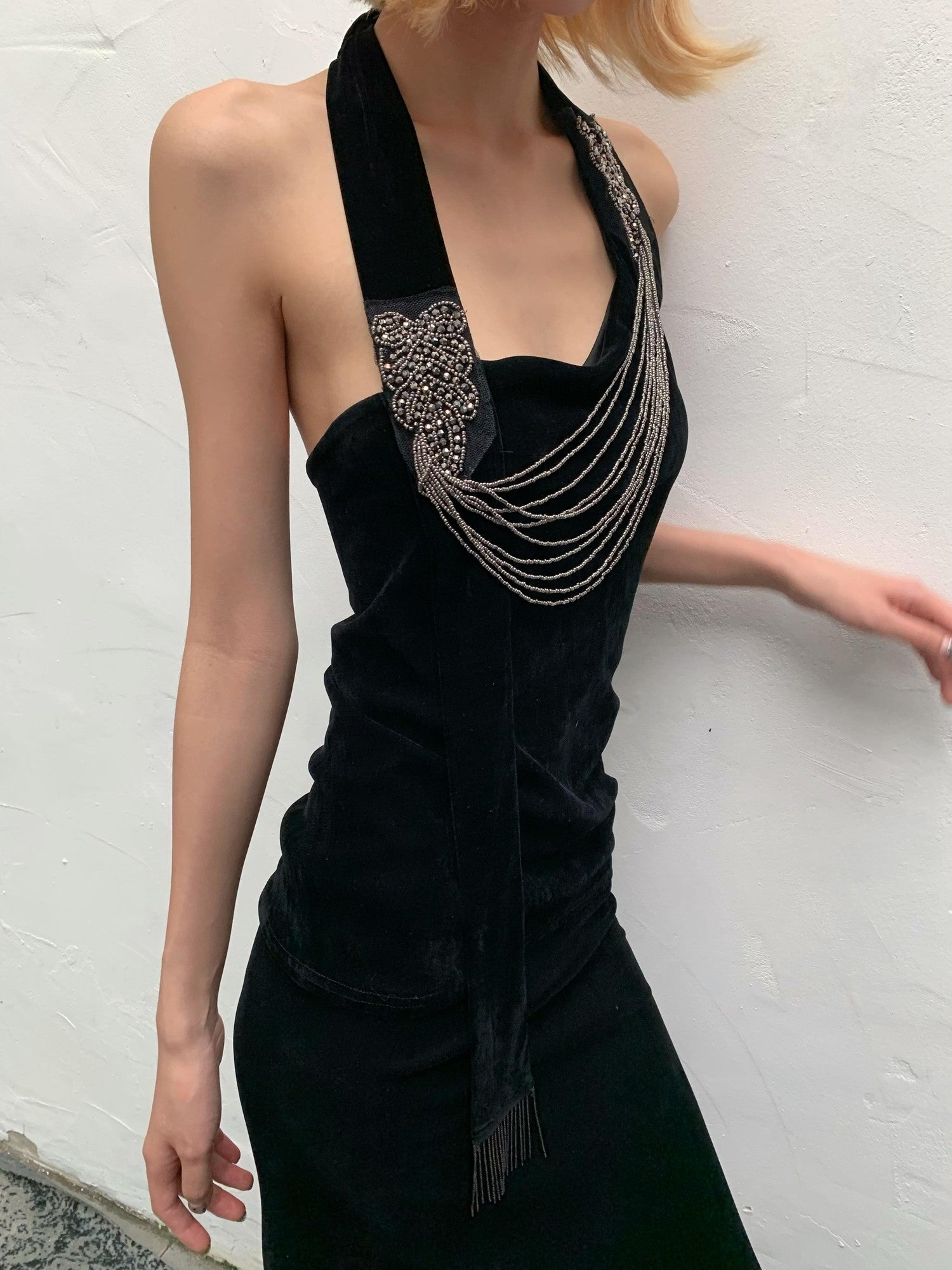 Chipchipshop Black Silver Waterfall Velvet Mesh Women&