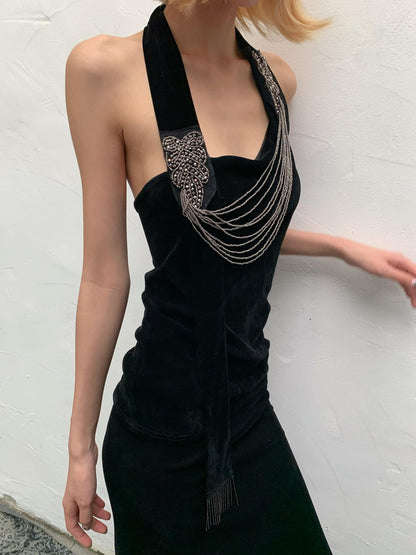 Chipchipshop Black Silver Waterfall Velvet Mesh Women&