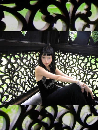 Chipchipshop Black Silver Waterfall Velvet Mesh Women&