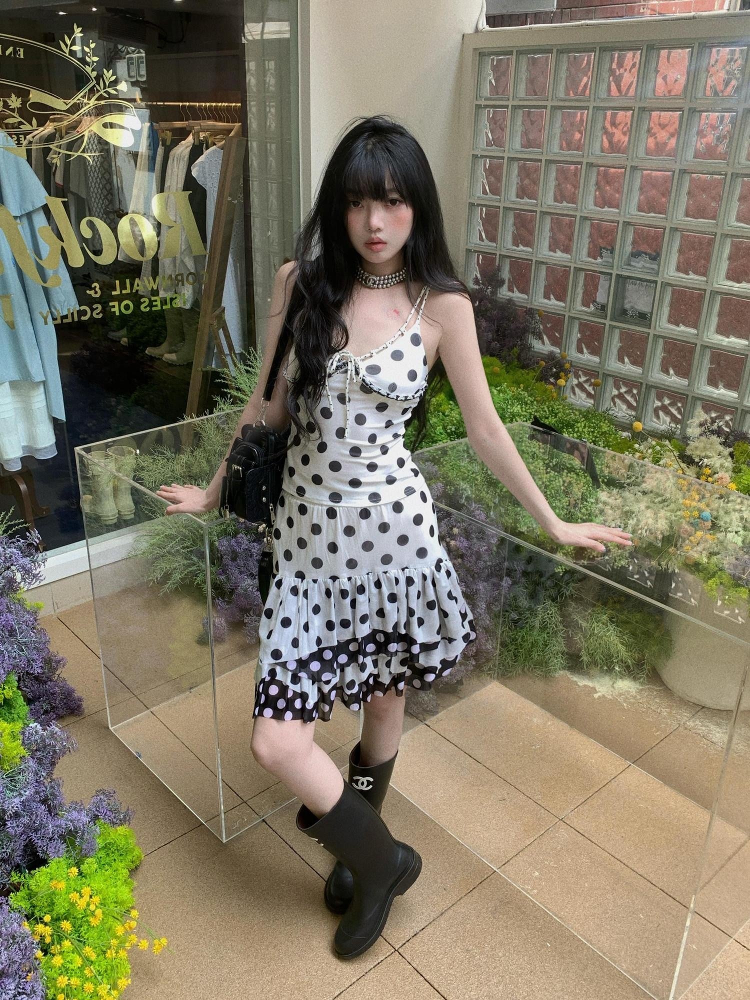 Chipchipshop Black White Polka Dot Ruffle High Waist Women&
