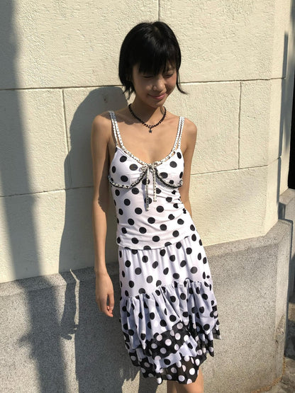 Chipchipshop Black White Polka Dot Ruffle High Waist Women&