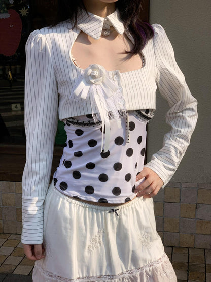 Chipchipshop Black White Striped Cropped Buttoned Vintage Women&