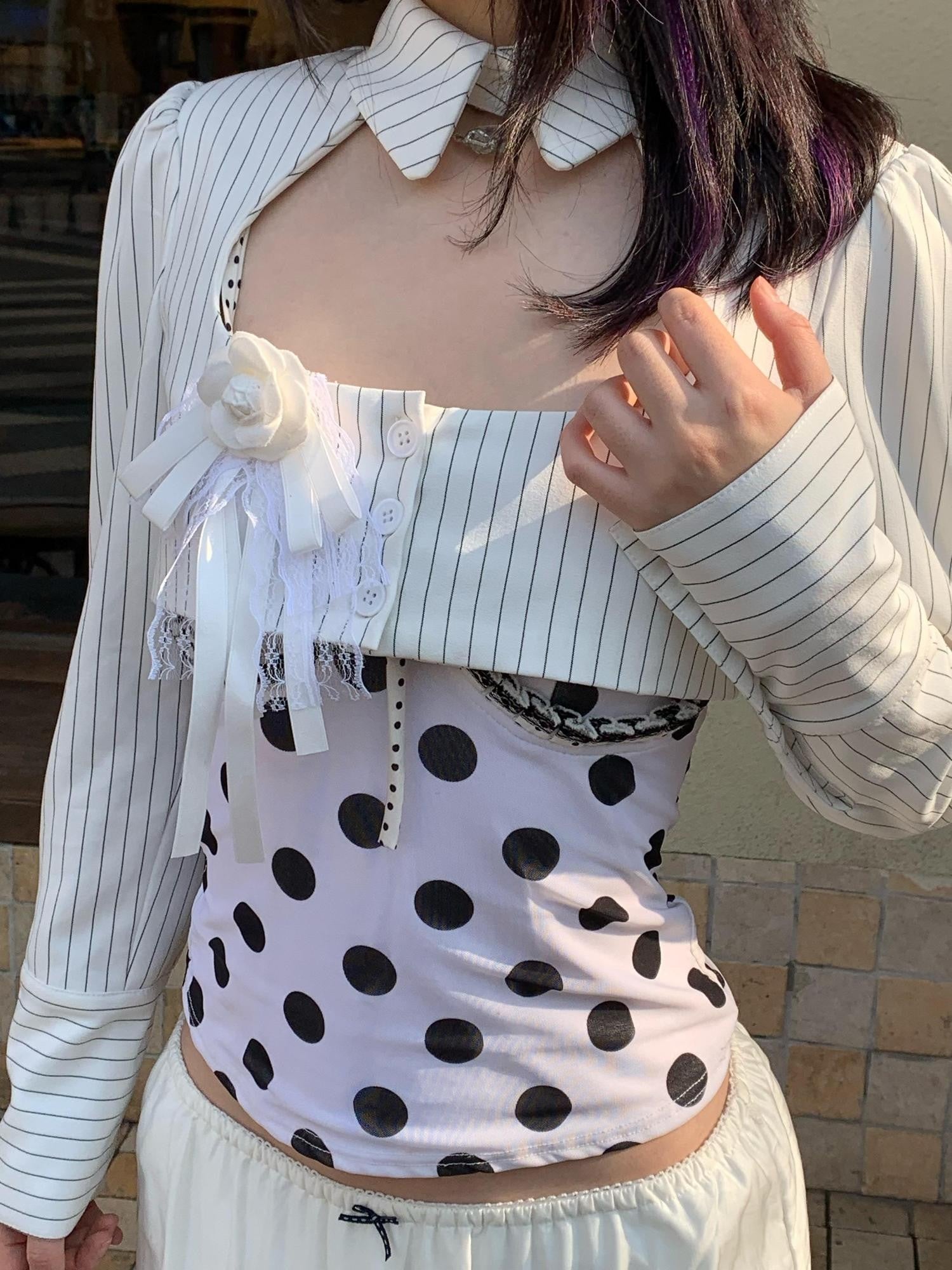 Chipchipshop Black White Striped Cropped Buttoned Vintage Women&